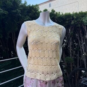 Vintage Handmade Crochet Tank Top Pastel Yellow Open Knit Boho Cottagecore Sz S